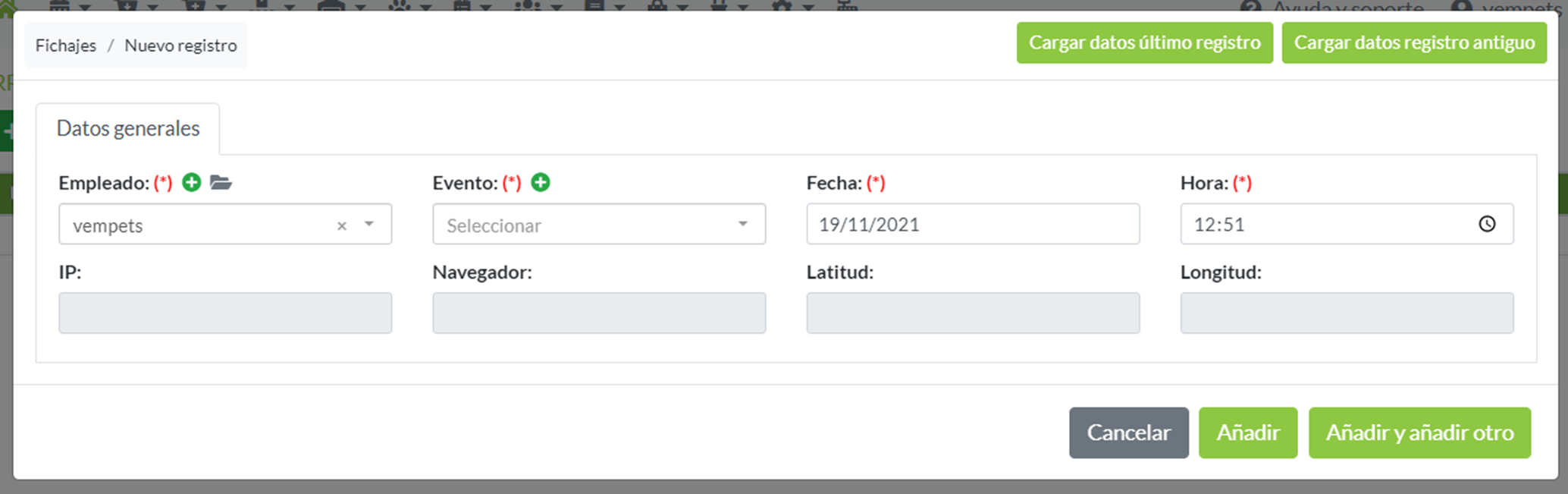 Formulario para registrar un fichaje