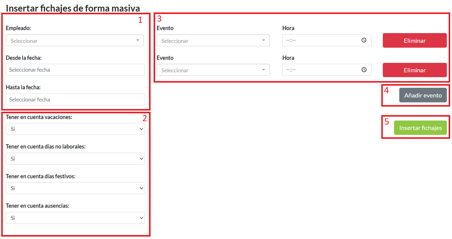 Detalle por secciones de proceso para Introducir fichajes de forma masiva
